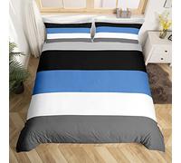 Homewish Patchwork Striped Duvet Cover Set with 2 Pillowcases - Double Size, 100% Soft & Breathable Polyester, Zip Closure - Blue Black Dark Gray Bedding - Modern Simple Pattern with Black Reverse