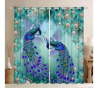 Homewish Peacock Curtains 46" Wx72 L 2 Panels Bohemian Blackout Curtains for Bedroom, Exotic Birds Animals Curtains & Drapes Navy Blue Feather Teal Floral Fresh Natural Window Curtains Pastel