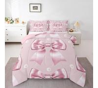 Homewish Pearl Bow Bedding Set Pink Ribbon Bow Duvet Set With 1 Pillow Case,Cute Girly Bowknot Coverless Duvet Luxurious Bow Quilt Duvet Single For Kids Girls Teen Women, Microfiber Soft