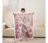 Homewish Pearl Butterfly Fleece Blanket Baby 76x102cm | Romantic Coquette Warm Plush Sherpa Blanket Rose Floral Fuzzy Plush Throw Vintage Girly for Bed Sofa Couch