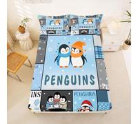 Homewish Penguin Animal Patchwork Cartoon Bed Sheets Single Blue Antarctic Animal Fitted Sheet Geometric Stripe Bedding Set,Natural Wildlife Bed Cover 2 Pcs