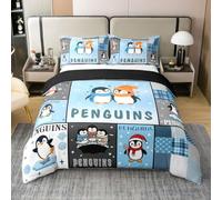 Homewish Penguin Animal Patchwork Cartoon Double Duvet Cover Set Blue Antarctic Animal Coton Bedding Geometric Stripe Quilt Cover Natural Wildlife Bed Sets
