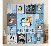 Homewish Penguin Animal Patchwork Cartoon Window Curtains 46 x 54 Inch 2 Panel Sets - Blue Antarctic Animal Blackout Curtains Geometric Stripe Window Treatments Drapes Natural Wildlife for Bedroom