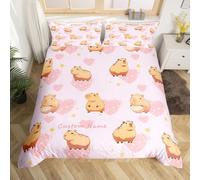 Homewish Personalised Cute Capybaras Super King Duvet Cover for Kids Girls - Kawaii Capybara Animal Bedding Set with Custom Name - Star Love Heart Pattern Quilt Cover - Pink Reversible Bed Set