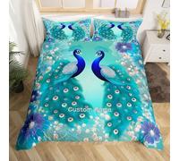 Homewish Personalised Peacock Cot Duvet Cover Set for Kids Adults - Blue Purple Flowers Bedding Black Reversible - Teal Floral Quilt Cover with Custom Name for Girls Women Polyester Bed Set