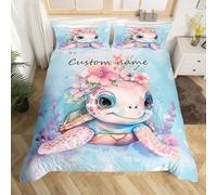 Homewish Personalised Sea Turtle Bedding with Custom Name for Kids - Cute Ocean Animal Super King Duvet Cover Set for Girls - Watercolor Sealife Quilt Cover with 2 Pillowcases - Pink Blue Bed Set