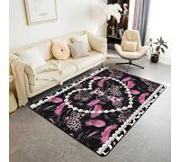 Homewish Personalized Black Bow Initial Letter I Area Rugs 150x200cm -Aesthetic Feather Pink Leopard Print Living Room Rug Glam Beaded Heart Coquette Pearl Non Shedding Carpet Y2K Monogram Large Rugs