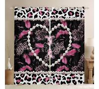 Homewish Personalized Black Bow Initial Letter I Blackout Curtains 52 x 63 Inch - Aesthetic Feather Pink Leopard Print Eyelet Curtains - Glam Beaded Heart Coquette Pearl Window Drapes 2 Panels Decor