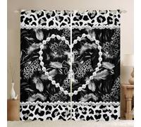 Homewish Personalized Black Bow Initial Letter I Blackout Curtains 66 x 72 Inch - Aesthetic Feather Grey Leopard Print Eyelet Curtains - Glam Beaded Heart Coquette Pearl Window Drapes 2 Panels Decor