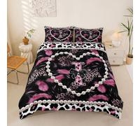 Homewish Personalized Black Bow Initial Letter I Cot Duvet Cover Set Aesthetic Feather Pink Leopard Print Bedding for Kids Teens Glam Beaded Heart Coquette Pearl Quilt Cover Y2K Monogram Bed Sets