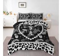 Homewish Personalized Black Bow Initial Letter I Duvet Set Double - Aesthetic Feather Grey Leopard Print Bedding Set Glam Beaded Heart Coquette Pearl Quilt Set - Coverless Duvet with 2 Pillowcases