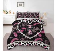 Homewish Personalized Black Bow Initial Letter I Duvet Set Double - Aesthetic Feather Pink Leopard Print Bedding Set Glam Beaded Heart Coquette Pearl Quilt Set - Coverless Duvet with 2 Pillowcases