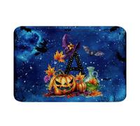 Homewish Personalized Halloween Door Mat for Bedroom Initial Letter A Bathroom Rug Non Slip Fall Leaves Pumpkin Bath Mat for Bathroom-Gothic Witch Hat Tombstones Bats Entrance Rug 16"x24"