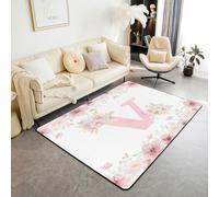 Homewish Personalized Initial V Large Rugs for Living Room 150x200cm | White Pink Floral Floor Carpet Pastel Letter Flowers Area Rugs Non Shedding for Hall Lounge Office