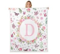 Homewish Personalized Pink Floral Sherpa Blanket Boho Butterfly Flower Fuzzy Plush Throw Initial Letter D Fleece Blanket - Cottagecore Flowers Decor for Bed Couch Baby 30"x40"