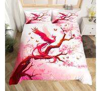 Homewish Phoenix Comforter Cover Double Pink Cherry Blossoms Kids Bedding Set Dreamy Animal Duvet Cover For Girls Teen,Romantic Watercolor Flower Butterfly Bed Set Room Decor