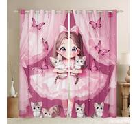 Homewish Pink Ballerina Design Window Curtains 52 x 90 Inch Cute Ballet Girl Blackout Curtains for Bedroom Living Room,Kawaii Little Dancers Window Treatments Butterflies Cat Drapes Decor 2 Panels