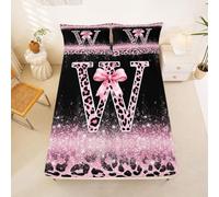 Homewish Pink Black Leopard Print Bed Sheets Single Girly Ombre Cheetah Bowtie Fitted Sheet Deep Pocket 16 inch (40 cm),Mom Girlfriend Stylish Initial W Bedding Set Bed Cover with 1 Pillowcase