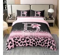 Homewish Pink Black Leopard Print Bedding Sets King Size with 2 Pillowcases - Girly Ombre Cheetah Ribbon Bow Cotton Duvet Cover Aesthetic Letter B Quilt Cover Glitter Gradient Art Bed Set