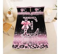 Homewish Pink Black Leopard Print Double Fitted Sheet Cute Ombre Cheetah Ribbon Bow Bed Sheets Deep Pocket 16 inch (40 cm),Aesthetic Letter E Bedding Set Bed Cover with 2 Pillowcases