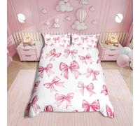 Homewish Pink Bow Duvet Cover Set Double with 2 Pillowcases - Dreamy Princess Style Bedding Set for Kids Girls Teens - Preppy Bowknot Quilt Cover Watercolor Ribbon Bow Bed Sets - Zipper Closure