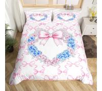 Homewish Pink Bow Duvet Cover Single for Kids Boys Girls,Love Heart Floral Quilt Cover,Wreath Bow Bedding Set,Princess Style Bed Set with 1 Pillowcase Bedroom Decor