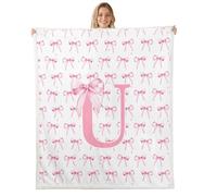 Homewish pink bow Fuzzy Plush Throw personalized initial U Fleece Blanket Princess Style Bow Tie Sherpa Blanket - girly romantic Decor for Bed Couch 40"x50"