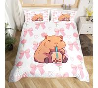 Homewish Pink Bow Girl Double Duvet Cover Set Cute Capybara Bedding Set for Kids Girls, Kawaii Bowknot Flowers Quilt Cover Sweet Hearts Pattern Bed Sets with 2 Pillowcases, Cute Room Decor