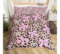 Homewish Pink Bow Girl King Duvet Cover Set Classic Leopard Print Bedding - Princess Style for Kids Girls Women Stylish Bowknot Quilt Cover - Black Reversible Bed Set Fashion Modern Design
