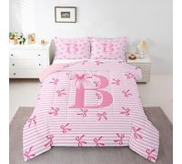 Homewish Pink Bow King Duvet Set - Initial Letter B Bedding Set Dreamy Princess Bow Quilt Set - cute Personalized Bowknot Coverless Duvet with 2 Pillowcases