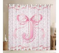 Homewish Pink Bow Letter J Blackout Curtains 52 x 90 Inch 2 Panel - Coquette Preppy Floral Rose Window Curtains for Living Room - Lace Trim Girly Cute Initial Monogram Window Treatments Drapes Decor
