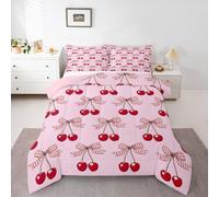 Homewish Pink Bow with Cherry Duvet Set Double - Red Plaid Check Bows Bedding Set Cute Coquette Bowtie Quilt Set - Ribbon Bowknot Coverless Duvet