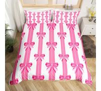 Homewish Pink Bows Bedding Set Striped Girls Bow Comforter Cover Super King,Cute Dreamy Preppy Duvet Cover for Kids Boys Girls Princess Room Decor Bed Set