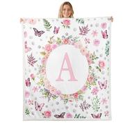 Homewish Pink Butterfly Floral Sherpa Blanket Personalized Monogram A Fuzzy Plush Throw Cute Boho Flower Fleece Blanket - Spring Farmhouse Decor for Bed Couch Baby 30"x40"