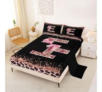 Homewish Pink Cheetah Print Bedding Set Single Alphabet Letter E Bow Bed Sheets Cottagecore Aesthetic Coquette Sheet Set - Princess Monogrammed Personalized Fitted Top Sheets 3 Piece