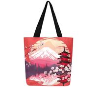 Homewish Pink Cherry Blossoms Shopping Bag Japanese Style Canvas Bag, Botanical Floral Grocery Bag Japan Mount Fuji Canvas Tote Bag, Eastern Pavilions Aesthetic Makeup Bag