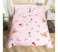 Homewish Pink Christmas Comforter Cover for Girls Double,Cute Xmas Deer Santa Claus Duvet Cover Cartoon Elk Snowman Bedding Set Kids Girls Kawaii Christmas Room Decor,Happy New Year Quilt Cover