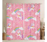 Homewish Pink Curtains for Girls Unicorn Blackout Curtains, Kawaii Rainbow Pattern Window Curtains & Drapes for Kids Teens Girls Bedroom Decor, Cute Stars Moon Window Treatments, 52x63 2 Panels
