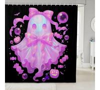 Homewish Pink Ghost Shower Curtain 72" W x 72" L - Kids Happy Halloween Waterproof Bathroom Curtains Dreamy Bowknot Pumpkin Lights Bath Curtain Cute Coquette Bathroom Accessories