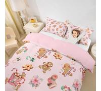 Homewish Pink Gingerbread Christmas Duvet Cover Christmas Gingerbread House Bedding Sets, Happy Holiday Festive Bed Cover Super King Candy Cane Xmas Decorations Bed Set