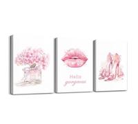 Homewish Pink Gorgeous Framed Wall Art Girly Flowers Lipstick Canvas Wall Art Fashion Perfume And High Heels Pictures Paintings Romance Gifts For Girls Dorm 40x30cmx3Pcs