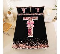 Homewish Pink Leopard Print Bedding Set Single Alphabet Letter T Bow Fitted Sheet Cottagecore Coquette Aesthetic Bed Sheets,Princess Monogrammed Personalized Bed Cover 2 Pcs