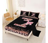 Homewish Pink Leopard Print Bedding Set Single Alphabet Letter Z Bow Bed Sheets Cottagecore Coquette Aesthetic Sheet Set - Princess Monogrammed Personalized Fitted Top Sheets 3 Piece