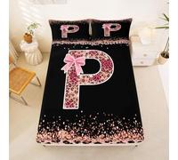 Homewish Pink Leopard Print Fitted Sheet Single Alphabet Letter P Bow Bed Sheets Cottagecore Coquette Aesthetic Bedding Set,Princess Monogrammed Personalized Bed Cover 2 Pcs