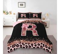 Homewish Pink Leopard Print Single Duvet Set - Alphabet Letter R Bow Bedding Set Cottagecore Coquette Aesthetic Quilt Set - Princess Monogrammed Personalized Coverless Duvet