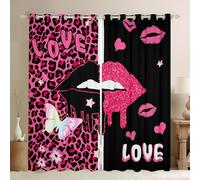 Homewish Pink Lip Window Curtains 2 Panel Sets 46 x 72 Inch, Pink Leopard Print Window Treatments Drapes Decor For Bedroom Butterfly Love Heart Blackout Curtains, Glitter Romantic Themed Decor
