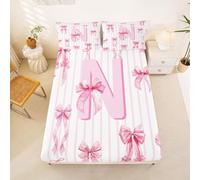 Homewish Pink Monogrammed Bowknot Fitted Sheet Single Initial Letter N Bed Sheets Dreamy Princess Coquette Bedding Set,Romantic Girly Bow Tie Bed Cover 2 Pcs
