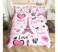 Homewish Pink Paris Bedding Set Romantic Themed Comforter Cover King,Women Eiffel Tower Duvet Cover for Kids Boys Girls Cute Lovely Flowers Butterfly Bed Set