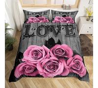 Homewish Pink Rose Bedding Set Pink Grey Floral Comforter Cover Super King Valentine'S Day Wedding Duvet Cover Gifts for Girls Teen Women,Blossom Flower Quilt Cover Rustic Farmhouse Room Decor 3 Pcs