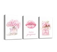Homewish Pink Wall Art Lovely Romance Makeup Wall Decor, Fashion Lady Trendy Woman Picture Paintings, Gorgeous Lipstick Poster Modern Paris Style Perfume Beauty Room Decor, Framed 40x30cmx3Pcs